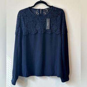 NWT Lulus Long Sleeve Lace Blouse, Navy Blue, Size Small